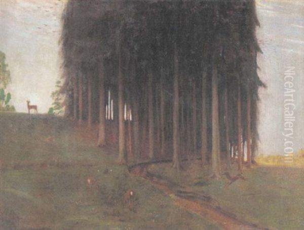 Wald Mit Rehen Und Einem Bach Oil Painting by Oskar Zwintscher