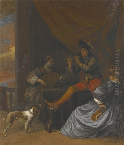 Musicians And A Dog In An Interior by Gerard Pietersz van Zyl