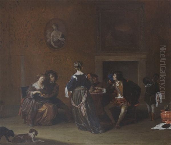 An Elegant Company Courting And Making Music In An Interior, With A Servant Pouring Wine In The Background And Two Dogs In The Foreground Oil Painting by Gerard Pietersz van Zyl