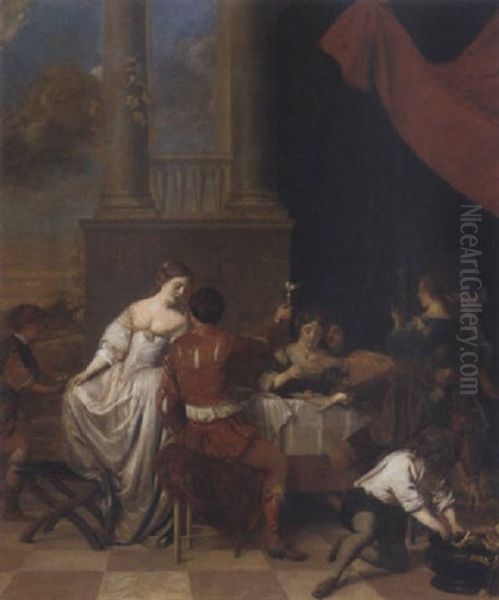 Elegant Company Dining In A Courtyard Oil Painting by Gerard Pietersz van Zyl