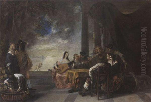 An Elegant Company Making Music On A Terrace At Night, With A Lake Beyond Oil Painting by Gerard Pietersz van Zyl