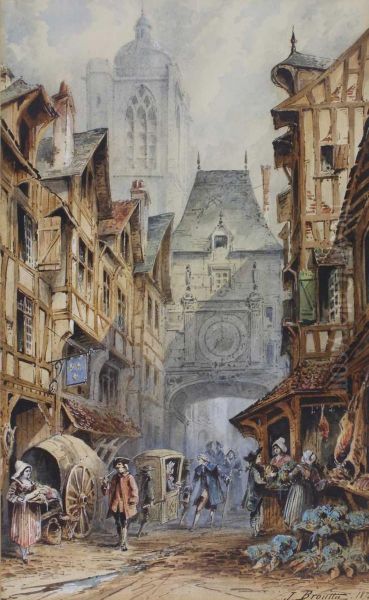 Belebte Franzosische Altstadt Mit Fachwerkhausern, Im Hintergrund Ein Kirchturm Oil Painting by Jacques Broutta