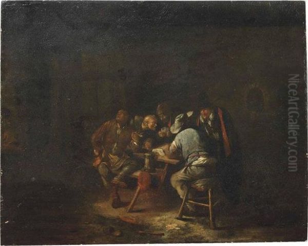 Peasants Playing Cards In A Tavern Oil Painting by Adriaen Brouwer