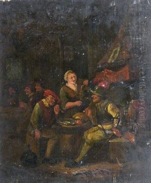 Figures Taking Refreshment In A Tavern Interior Oil Painting by Adriaen Brouwer