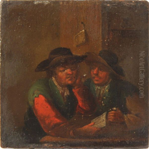 Two Men On A Pub Oil Painting by Adriaen Brouwer