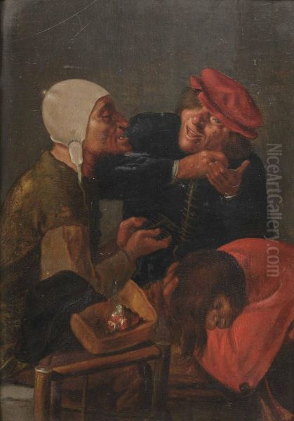 Three Men Delousing In An Interior Oil Painting by Adriaen Brouwer