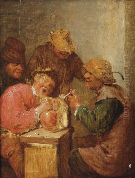 Four Peasants Drinking And Smoking In An Interior 
 Oil On Panel Oil Painting by Adriaen Brouwer