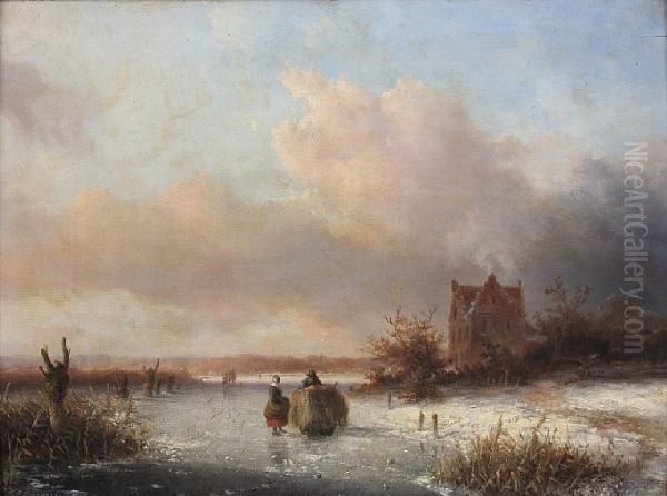 Frozen River Scene Oil Painting by J.H. Brouwer