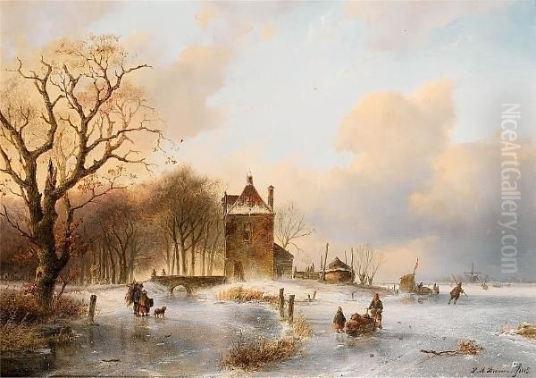 Figures On A Frozen River Oil Painting by Petrus Marius Brouwer