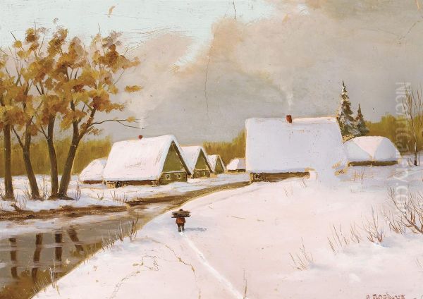 Winter Village Oil Painting by Jakov Ivanovic Brovar