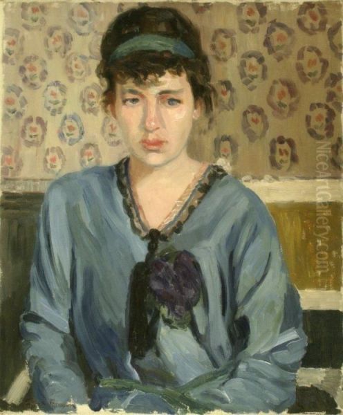 Portrait Of A Lady In A Blue Dress Oil Painting by Anna Wood Brown