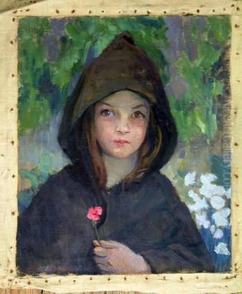 Girl Holding A Flower Oil Painting by Anna Wood Brown