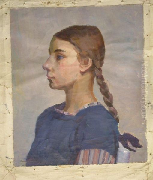 Portrait Of A Girl In A Blue Dress Oil Painting by Anna Wood Brown