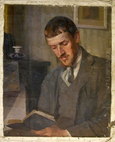 Portrait Of Ernest Yarrow-jones Reading A Book Oil Painting by Anna Wood Brown