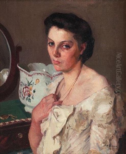 Woman At Her Dressing Table Oil Painting by Anna Wood Brown