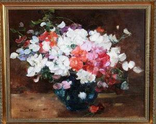 Red, White And Lilac Flowers In A Vase Oil Painting by Davina F. Brown