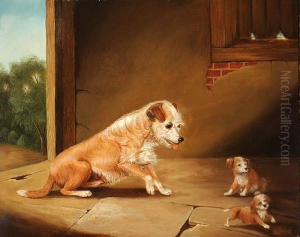 Teaching The Pups Oil Painting by E. Brown