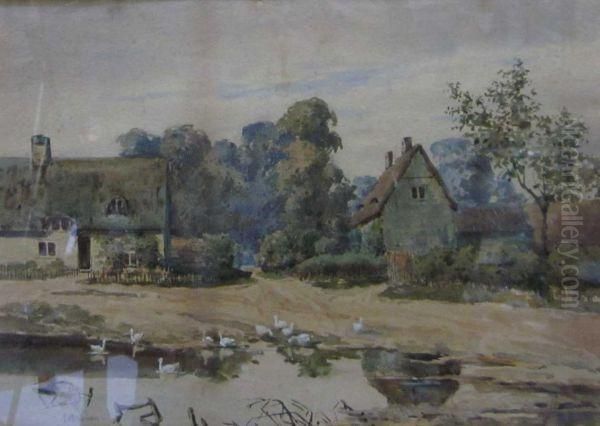 Rural Buildings By A River Oil Painting by E. Brown