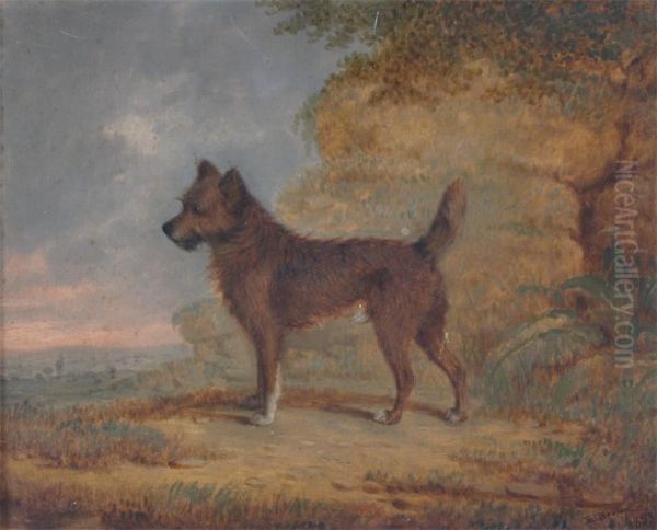 Terrier In A Landscape Oil Painting by E. Brown