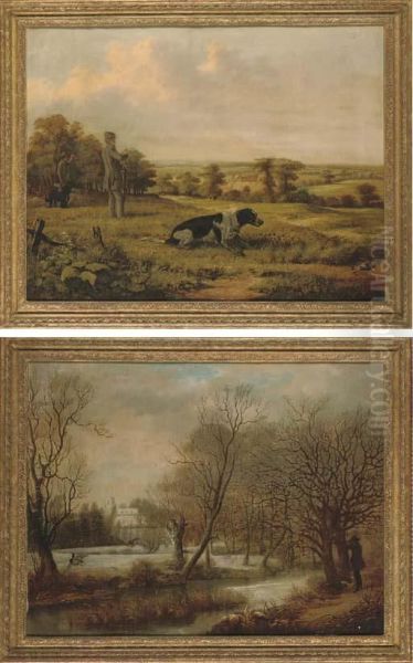 Partridge Shooting; And Duck Shooting Oil Painting by E. Brown