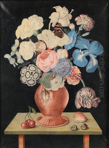 Roses, An Iris, Lilies And Other Flowers In Avase With Cherries And Shells On A Table-top Oil Painting by E., Miss Brown