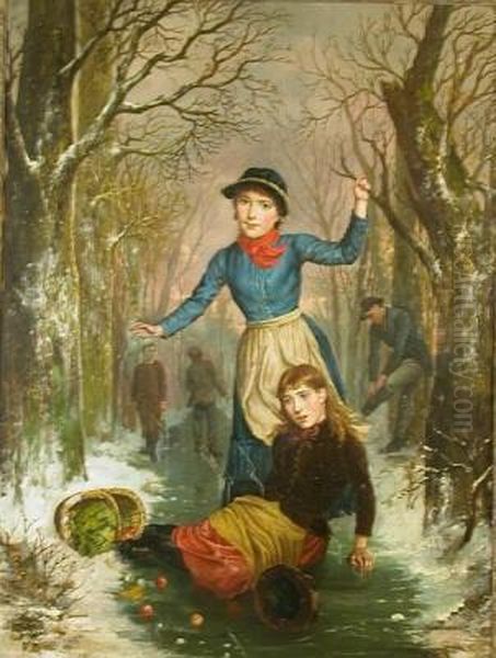 Gathering Firewood And On The Ice: Two Oil Painting by George Lunell Brown