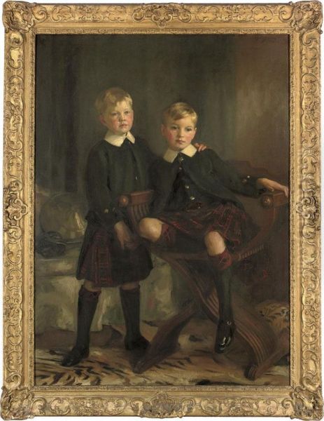 Double Portrait Of Alex And Denys Tulloch, Full-length, Intraditional Scottish Dress, In An Interior Oil Painting by Henry Harris Brown