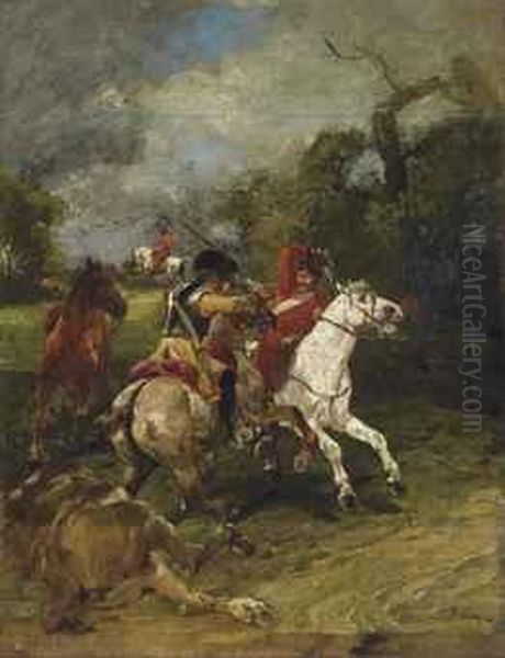 Choc De Cavalerie Oil Painting by John Lewis Brown