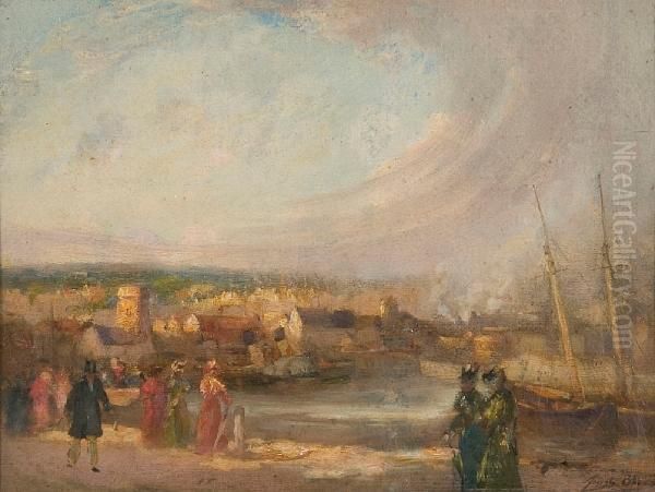 Figures Promenading Beside The Harbour,swansea Oil Painting by Joseph Brown