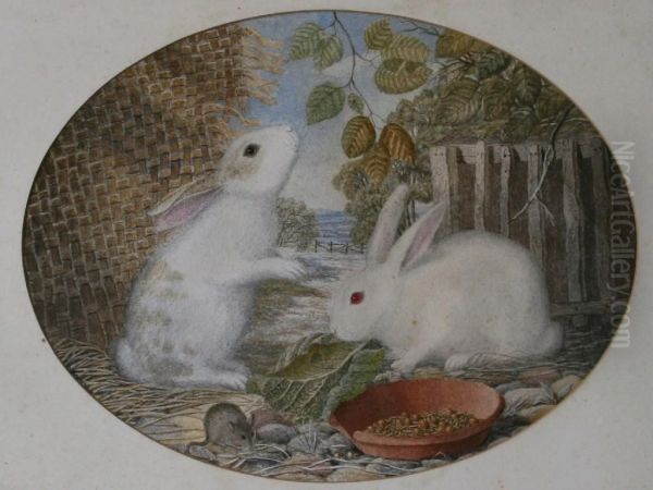 Two White Rabbits And Mouse Oil Painting by M D Brown