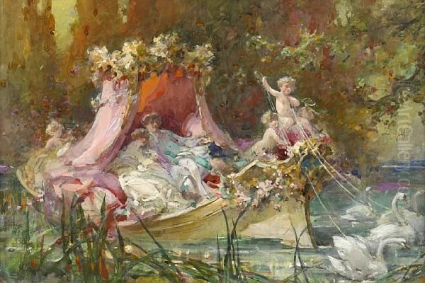 A Lover's Barge Drawn By Swans Oil Painting by Maynard Brown