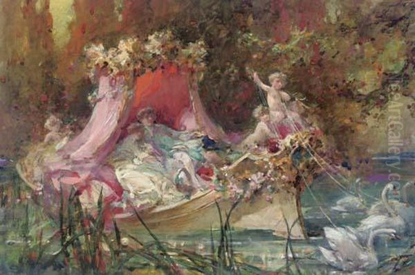 A Lovers' Barge Drawn By Swans Oil Painting by Maynard Brown