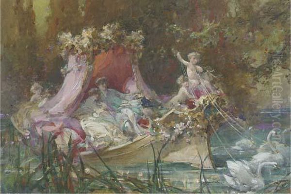 A Lovers' Barge Drawn By Swans Oil Painting by Maynard Brown