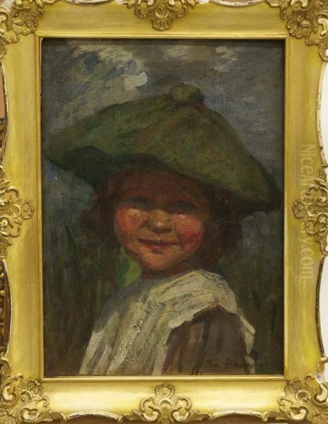 Portrait Of A Young Girlwearing A Green Hat Oil Painting by Mia Arnesby Brown