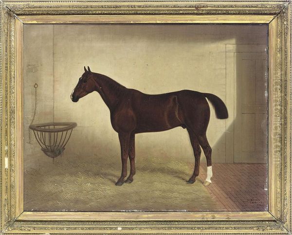 A Bay Hunter In A Stable Oil Painting by E. Brown