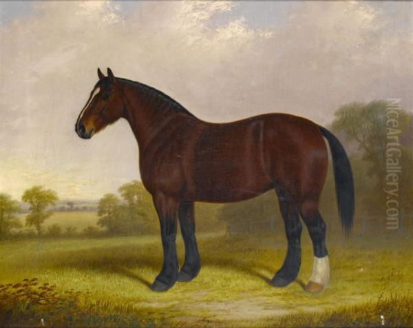 Portrait Of A Horse In A Landscape Oil Painting by E. Brown