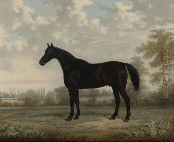 A Bay Horse In A Landscape Oil Painting by E. Brown