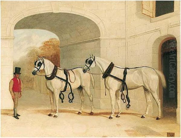 Two Carriage Horses In A Stable Oil Painting by E. Brown