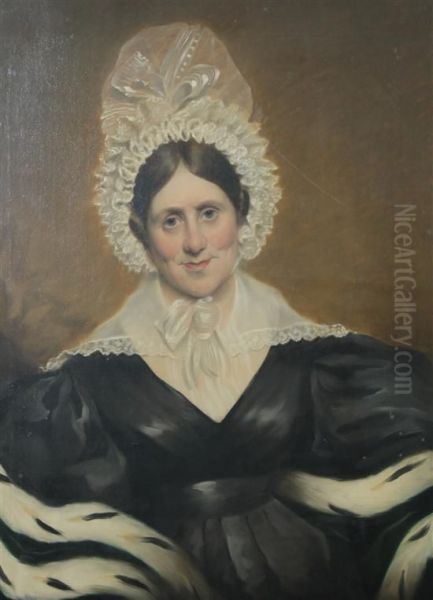 Half-length Portrait Of A Lady Wearing A Lace Cap And Ermine Stole Oil Painting by R.W. Brown