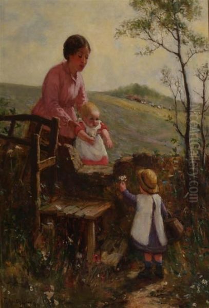 Mother Withchildren In A Countryside Oil Painting by Thomas Austen Brown