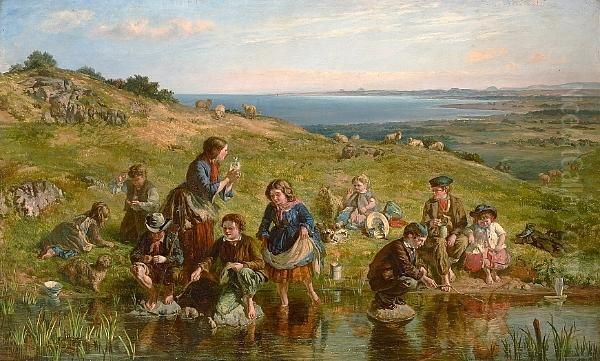 The Minnow Gleaners At Arthur's Seat, Edinburgh Oil Painting by Thomas Austen Brown