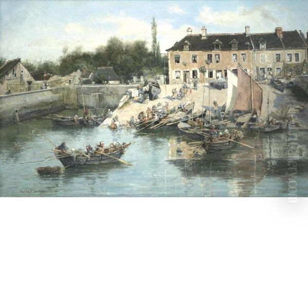 Workers In A Harbor Oil Painting by Walter Francis Brown