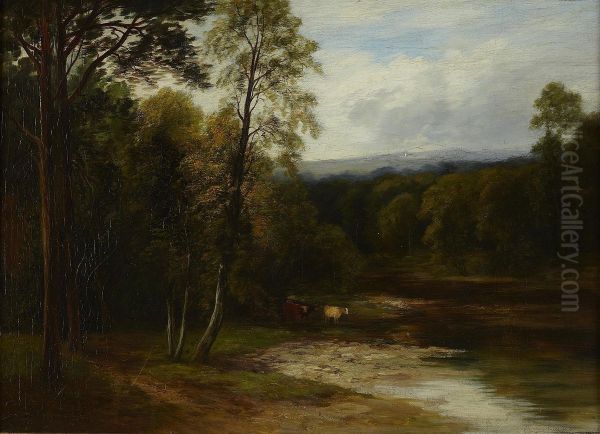 Cattle In A Wooded River Landscape Oil Painting by William Beattie Brown