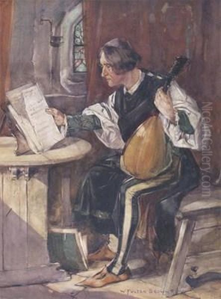 A Minstrel Studying His Music Oil Painting by William Fulton Brown