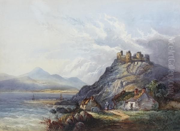 Castle Ruins Overlooking A Lake Oil Painting by William J. Brown