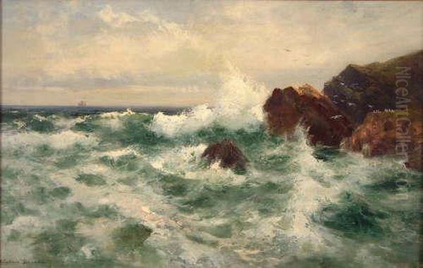 Waves Breaking On Thecornish Coast Oil Painting by Alfred J. Warne Browne