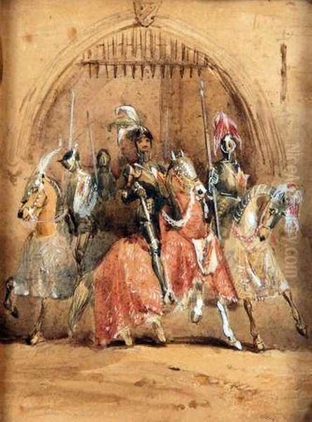 Heightened With White Knights On Horseback In A Castle Gateway Oil Painting by Hablot Knight (Phiz) Brow