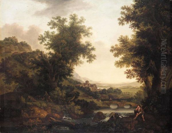 An Extensive Italianate Landscape With A Goatherder In The Foreground Oil Painting by Joseph Browne