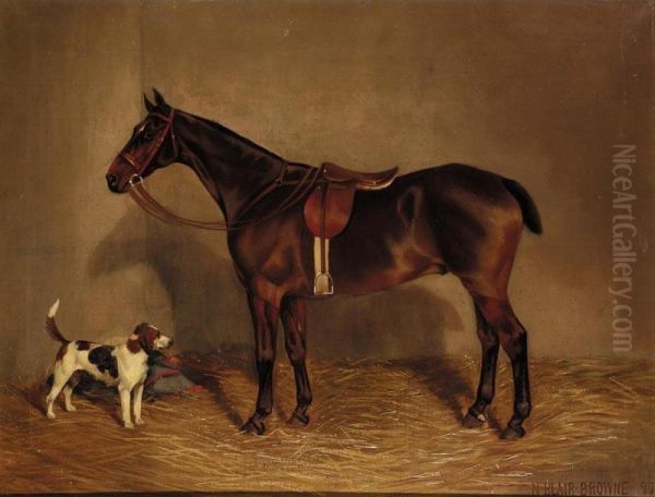 White Horse In Stable; A Saddled Brown Horse Oil Painting by Nassau Blair Browne