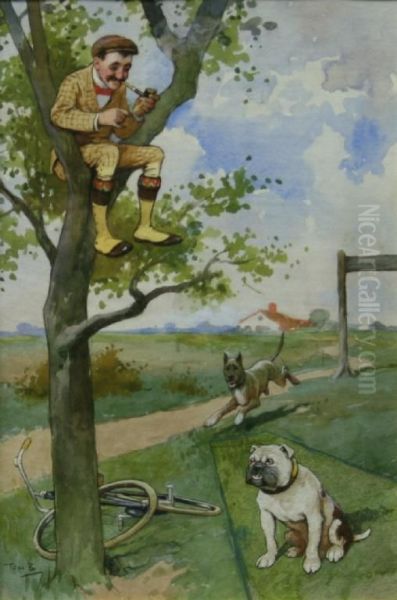 Safe Fora While! Escape From A Wild Dog In The Branches Of A Tree Oil Painting by Tom Browne